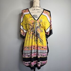 Free Culture Boho Floral Kimono Sleeve Mini Dress/tunic Top Yellow Black Size L